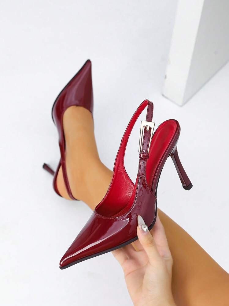 Damen High Heel Spitzschuh Bordeaux-Rot Elegant Mit Metallakzent Rückenriemen Slip-On Pumps | SHEIN