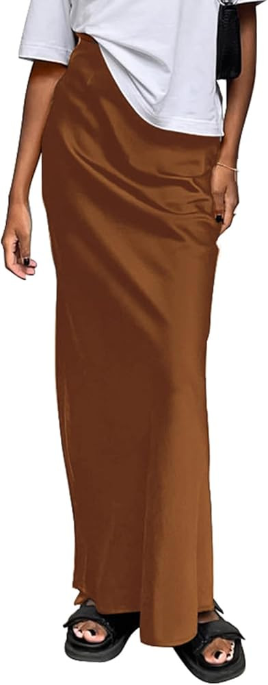 Women's Satin Silky High Waist Maxi Skirt Elegant Elastic Waistband A Line Long Skirts | Amazon (US)