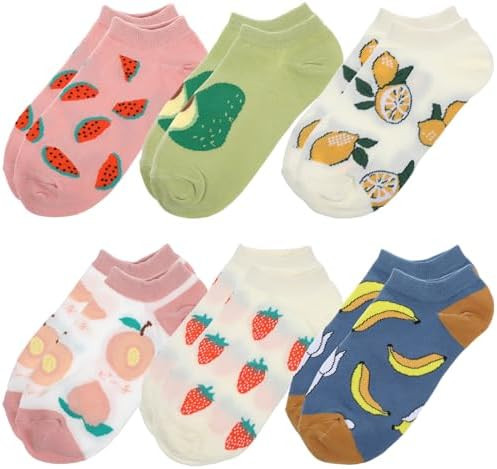 6 Pairs Cute Ankle Socks for Women Aesthetic Fruit Patterned Funny Fun Low Cut Socks No Show Sock... | Amazon (US)