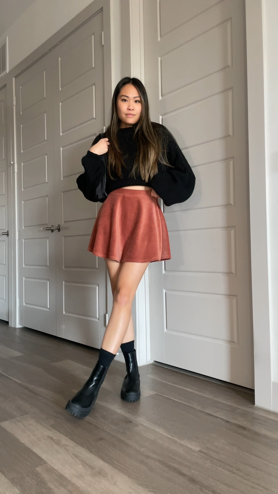Friendsgiving outfit, Thanksgiving outfit, burnt orange skirt, corduroy  skirt, skater skirt, black boots, Chelsea boots, ankle boots, fall boots, casual outfit, black sweater, oversized sweater, turtleneck sweater, fall outfit inspo, neutral outfit, casual style

#LTKSeasonal #LTKstyletip #LTKHoliday