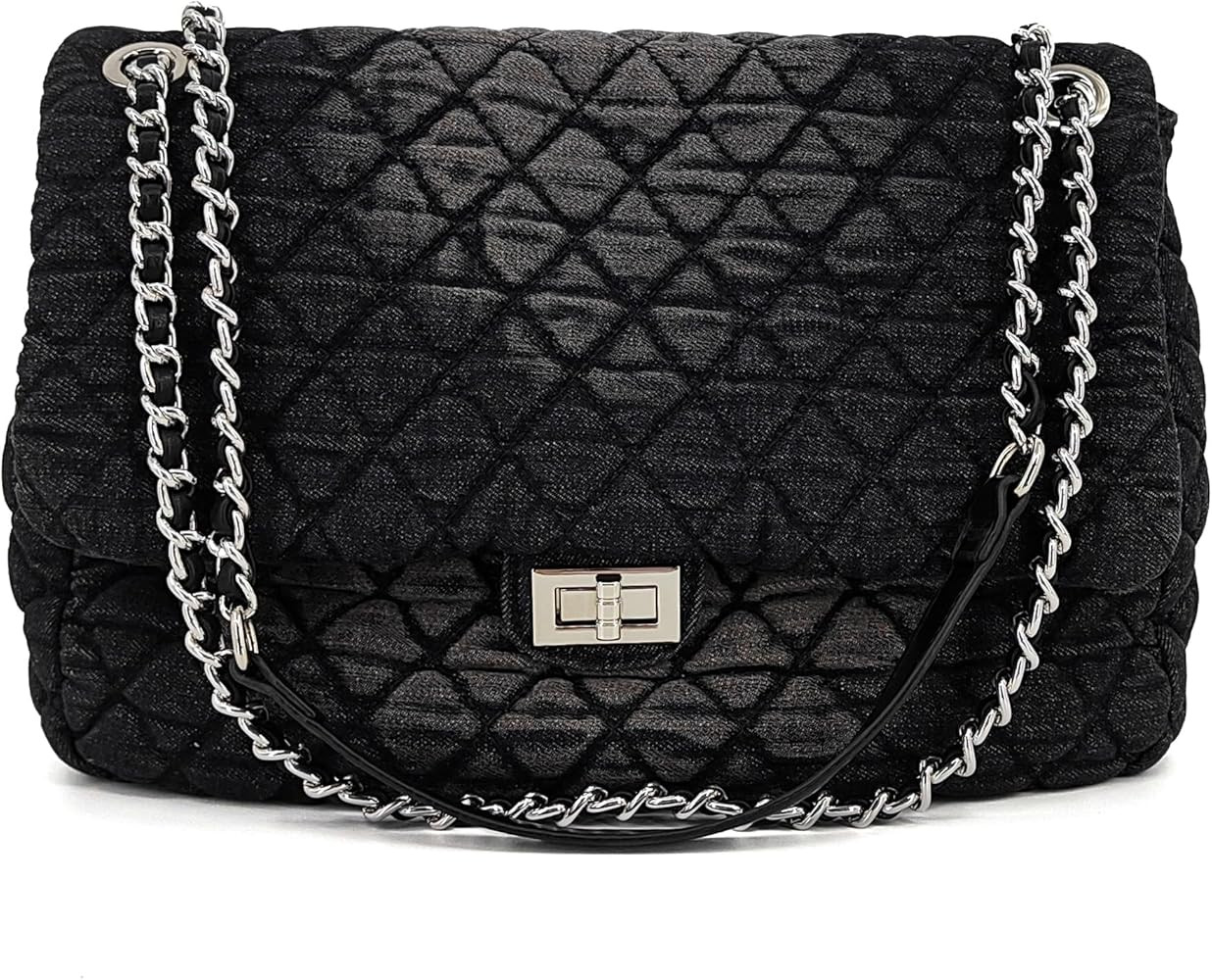 Quilted Denim Purse, Shoulder Bag for Women, Crossbody Flap Tote Bag, Silver Chain Trendy Hobo Ba... | Amazon (US)