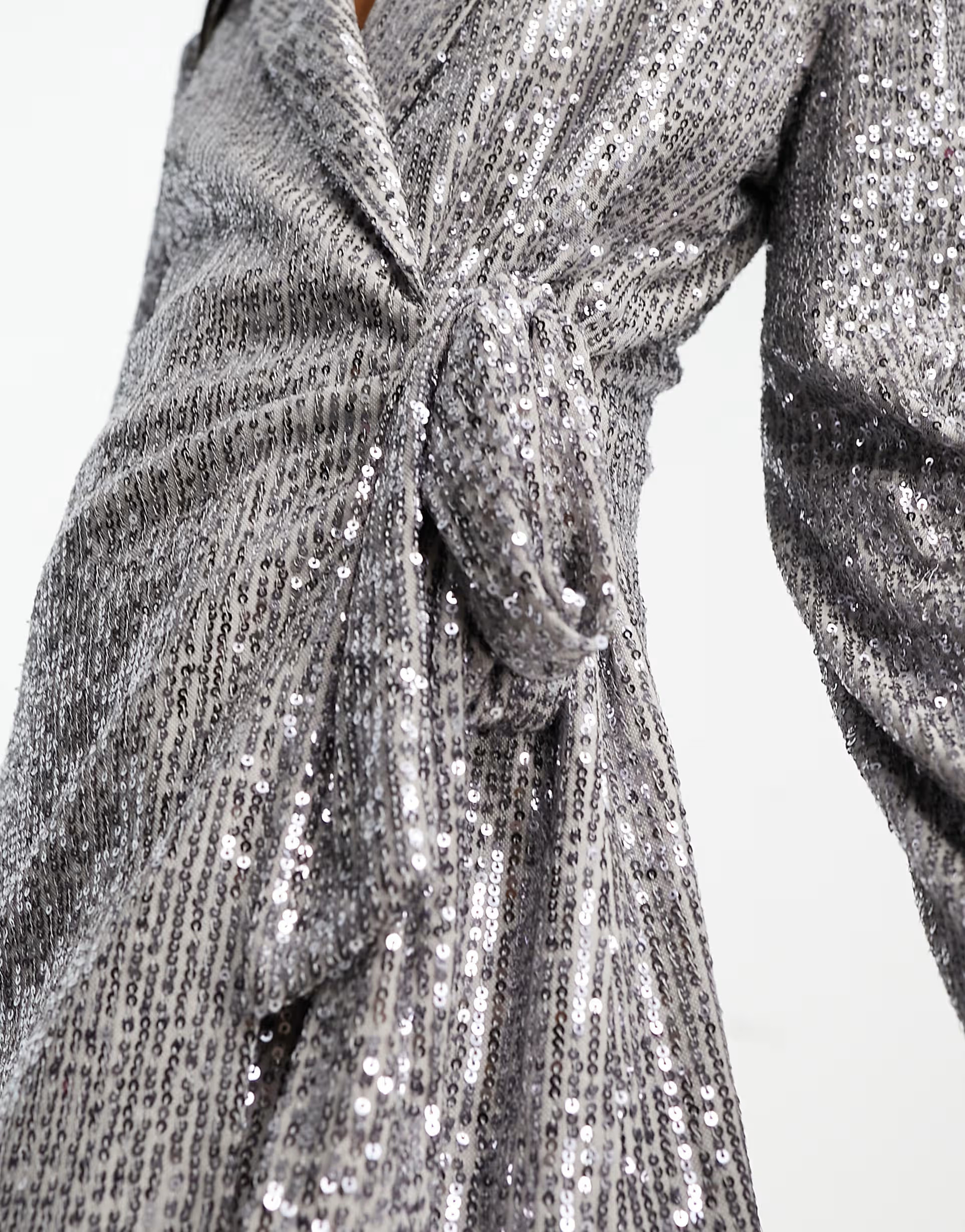 ASOS DESIGN jersey sequin tie waist suit blazer in gunmetal | ASOS (Global)