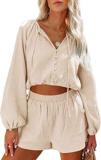 YOVION Women's Lounge Sets V Neck Long Sleeve Button Down Top and Shorts 2 Piece Loungewear Sweat... | Amazon (US)