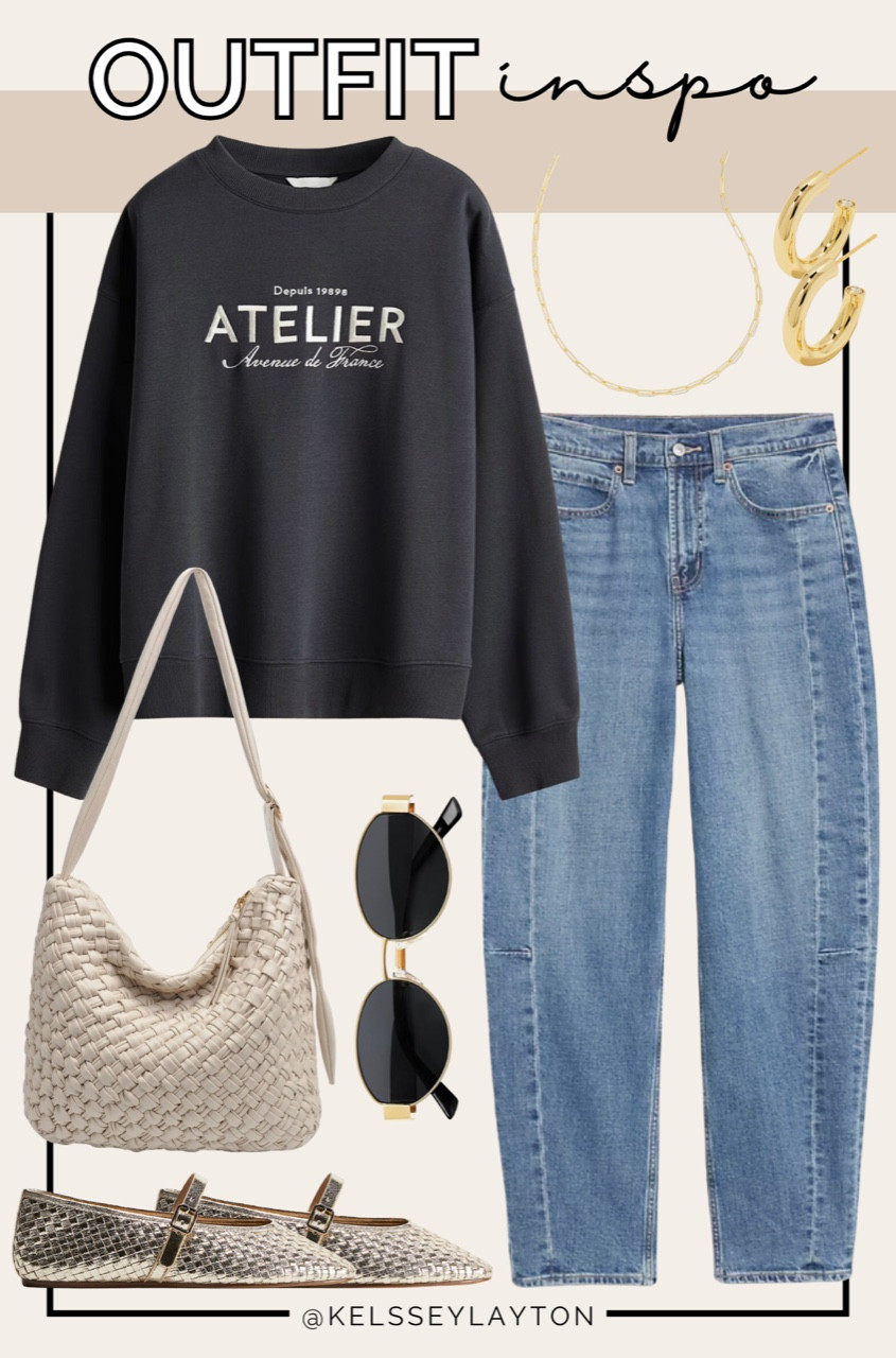 Outfit idea, H&M, graphic sweatshirt, barrel jeans, gold flats

#LTKSaleAlert #LTKSeasonal #LTKFindsUnder50