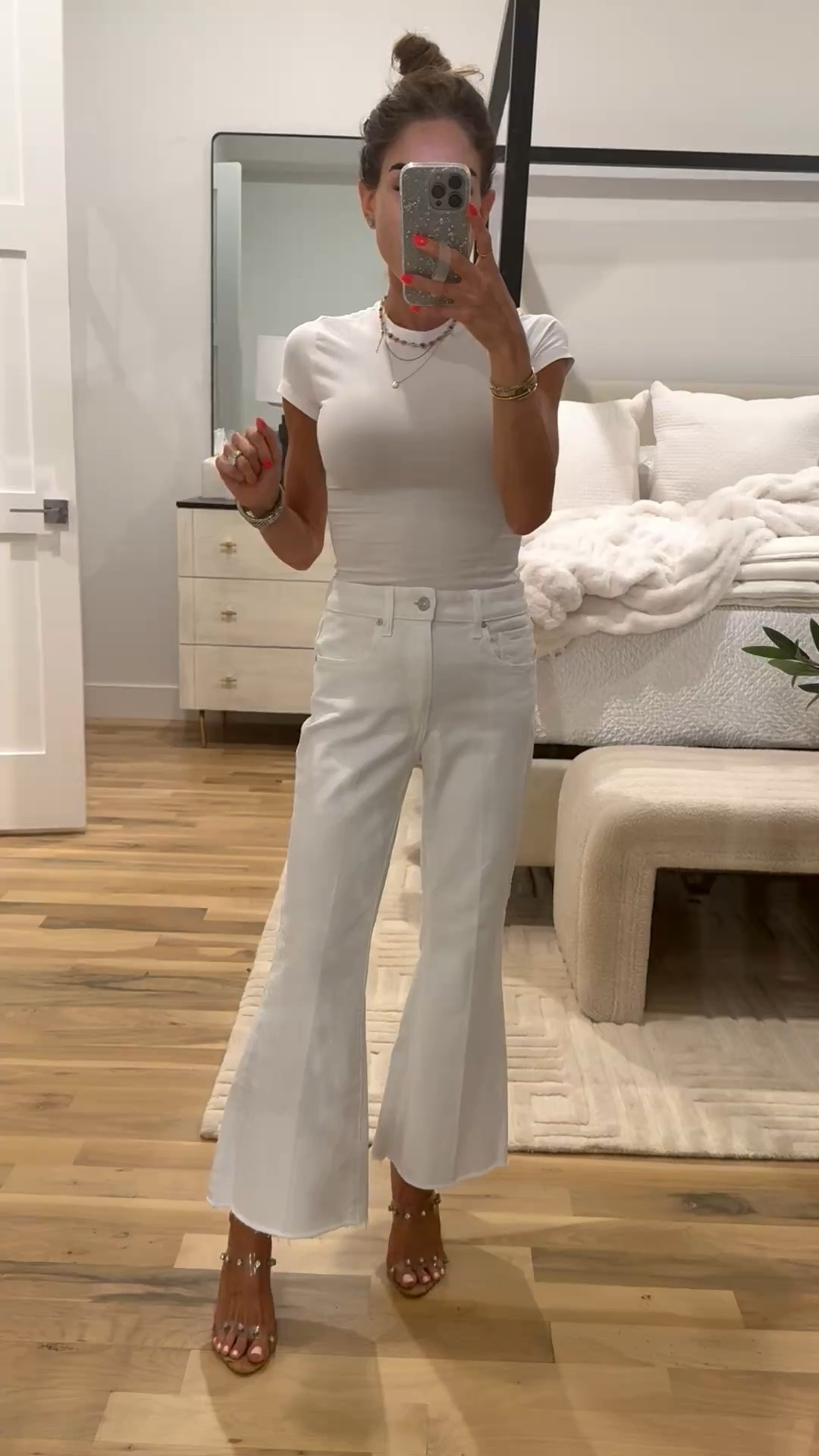 White jeans with raw hem cropped flare petite friendly! Wearing 24 petite and look good with flats or heels

#LTKSeasonal #LTKPetite