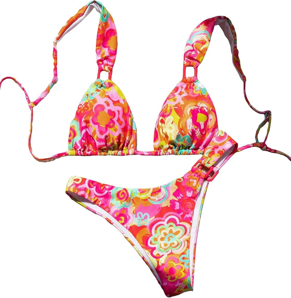 Amazon.com: COZYEASE Women's 2 Piece Swimsuits Floral Tropical Print Triangle Thong High Waisted ... | Amazon (US)