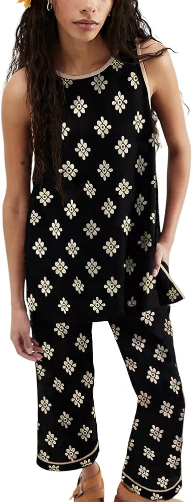 SCUSTY Women's 2 Piece Set Printed Lounge Matching Set Sleeveless Top & Long Pants Casual Loungew... | Amazon (US)