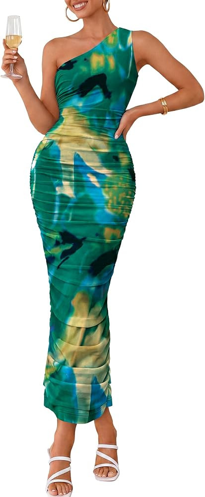 PRETTYGARDEN One Shoulder Maxi Dress Ruched Printed | Amazon (US)