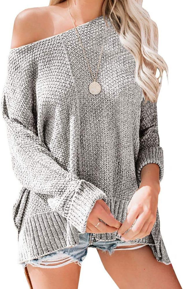 Ybenlow Womens Off Shoulder Sweater Batwing Sleeve Loose Slit Oversized Pullover Knit Jumper Slou... | Amazon (US)