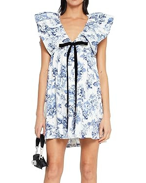 hibshaby Women's Floral Print Mini Dress V Neck Puff Sleeve Dress Short Babydoll Bow Dress | Amazon (US)