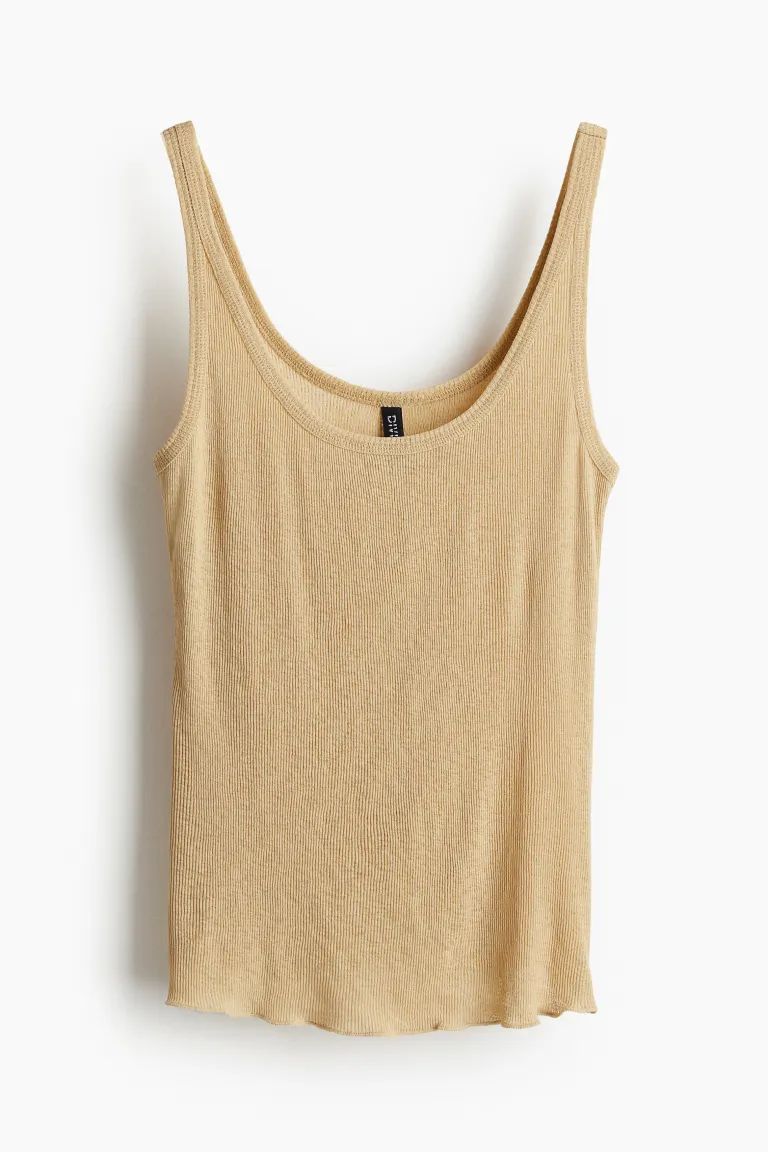 Ribbed Tank Top - Low-cut Neckline - Sleeveless - Beige - Ladies | H&M US | H&M (US + CA)