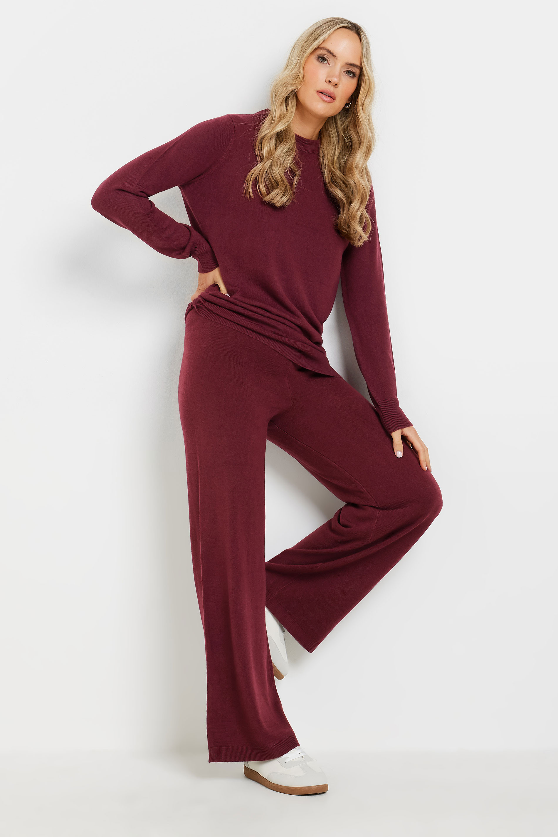 LTS Tall Burgundy Red Knitted Wide Leg Trousers | Long Tall Sally
