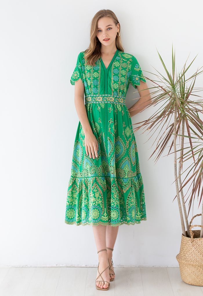Exotic Day Cutwork Embroidery Midi Dress | Chicwish