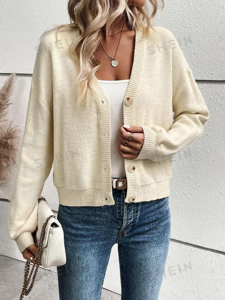 SHEIN LUNE Cardigan mit Drop Shoulder Knopf vorne, | SHEIN