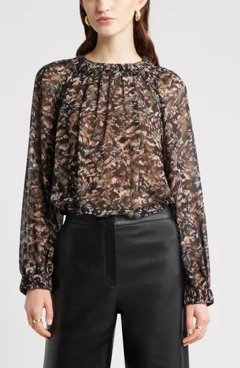 Nordstrom Flowy Chiffon Top in Black Multi Feather Abstract at Nordstrom Rack, Size Large | Nordstrom Rack