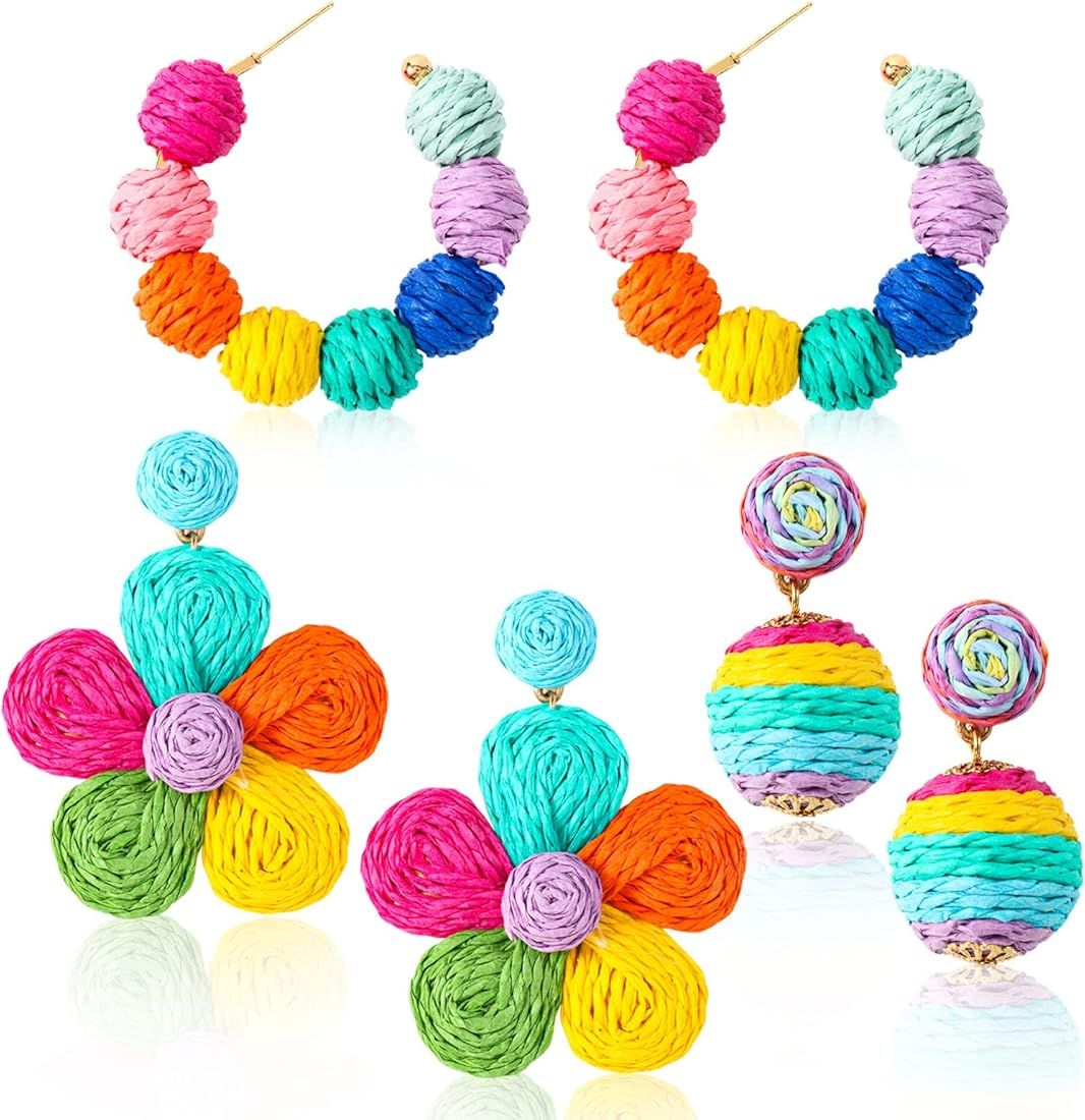 LUCOCO 3 Paris Colorful Bohemian Rattan Earrings for Women and Girls Raffia Ball Hoop Dangle Earr... | Amazon (US)
