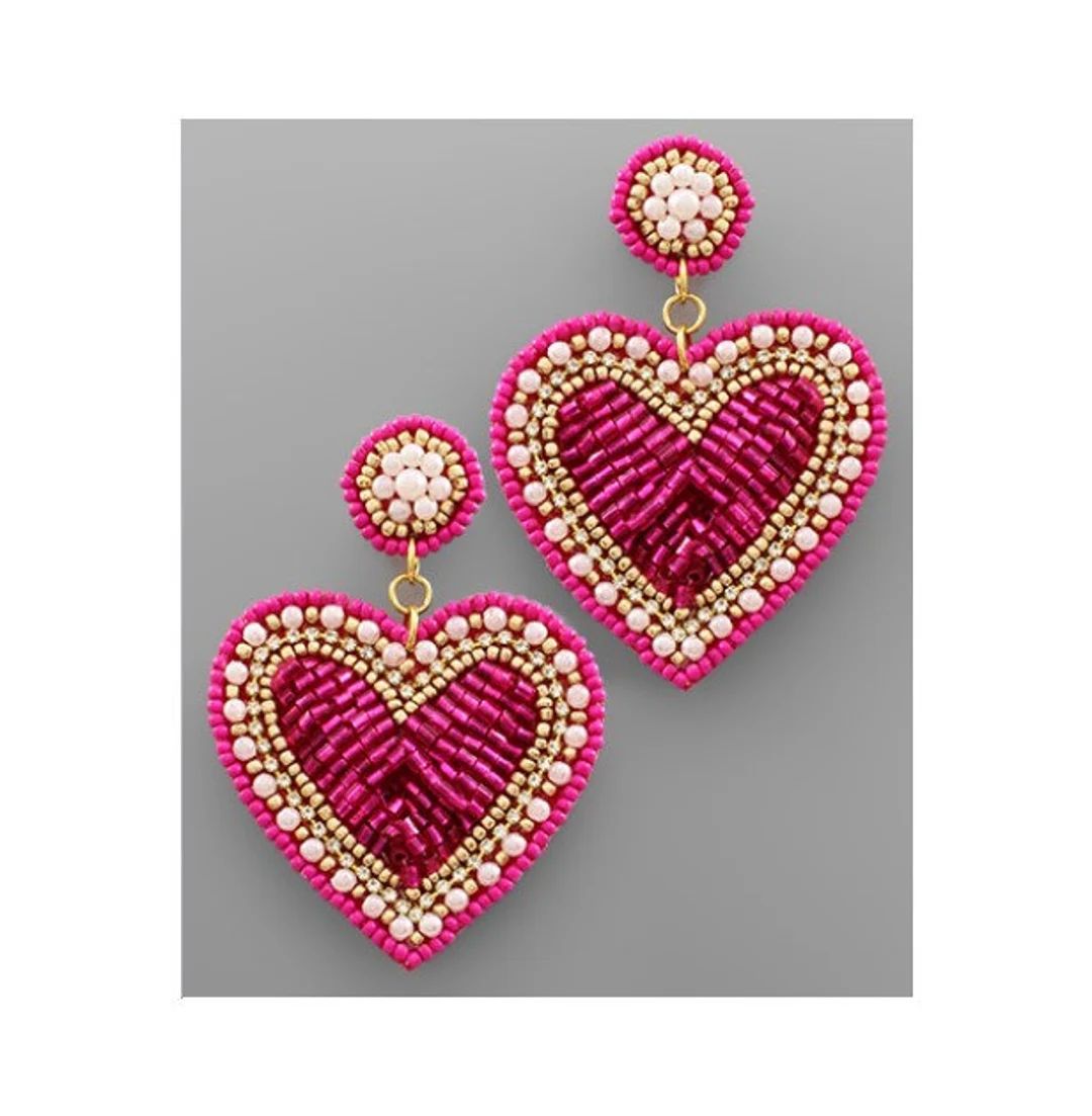Heart Beaded Earrings, Beaded Earrings, Fuchsia Heart Earrings, Valentine Beaded Earrings, Valent... | Etsy (US)
