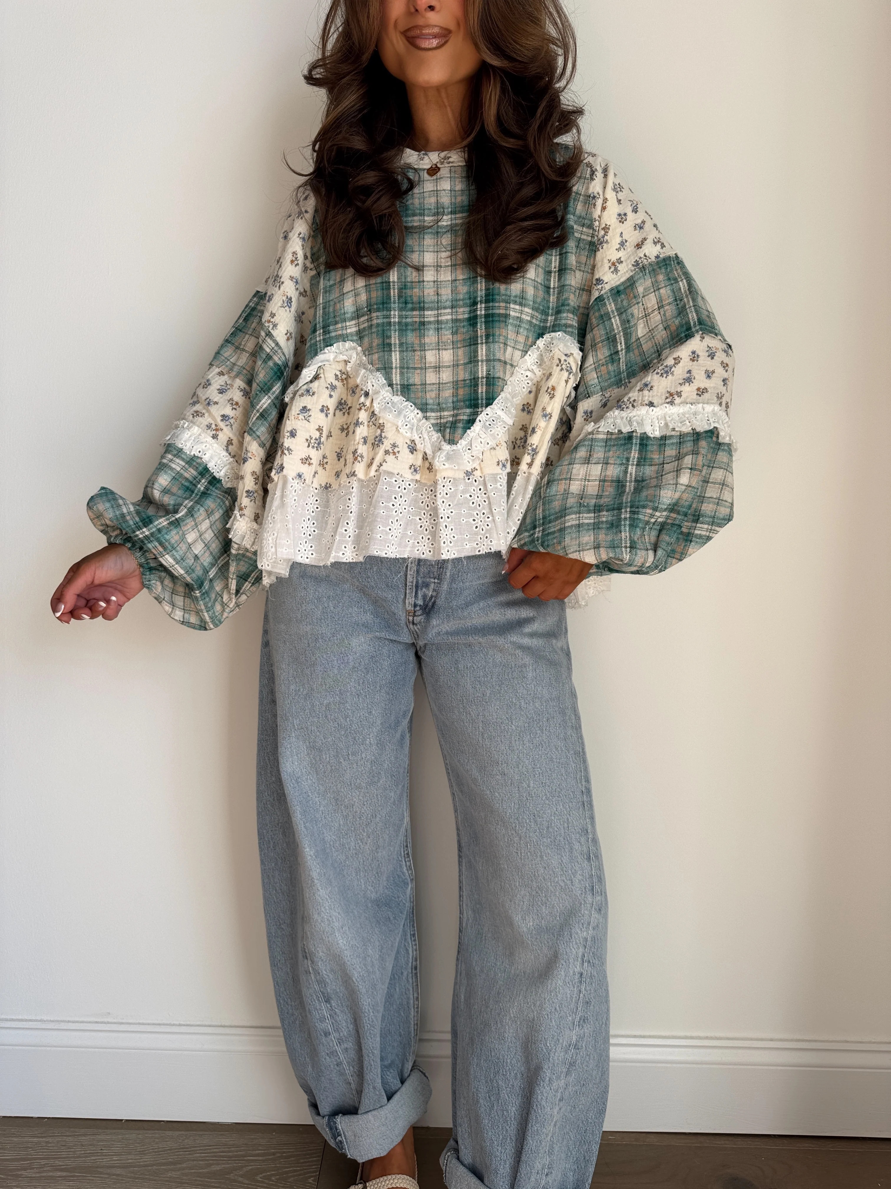 Willow Patch Plaid Ruffle Top with Balloon Sleeves PRE ORDER ADDED | Shop Your Darling Style