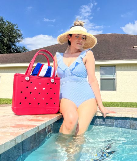 Memorial Day pool outfit wearing sz M
Affordable 
One piece swimsuit 
Flag holiday
Striped 
Blue 
White
Walmart style 
Walmart finds
BOgg bag
Red
Beach look
Lake 
Vacation 
What to pack
Mommy bathing suit
Figure flattering 
Summer
Straw hat

#LTKunder50 #LTKitbag #LTKswim