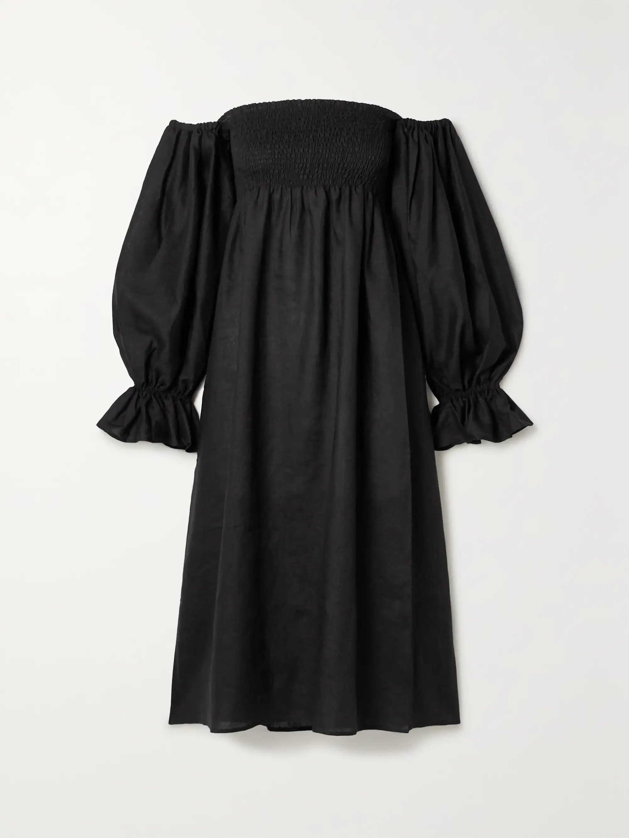 Black + NET SUSTAIN Atlanta off-the-shoulder shirred linen midi dress | SLEEPER | NET-A-PORTER | NET-A-PORTER (US)