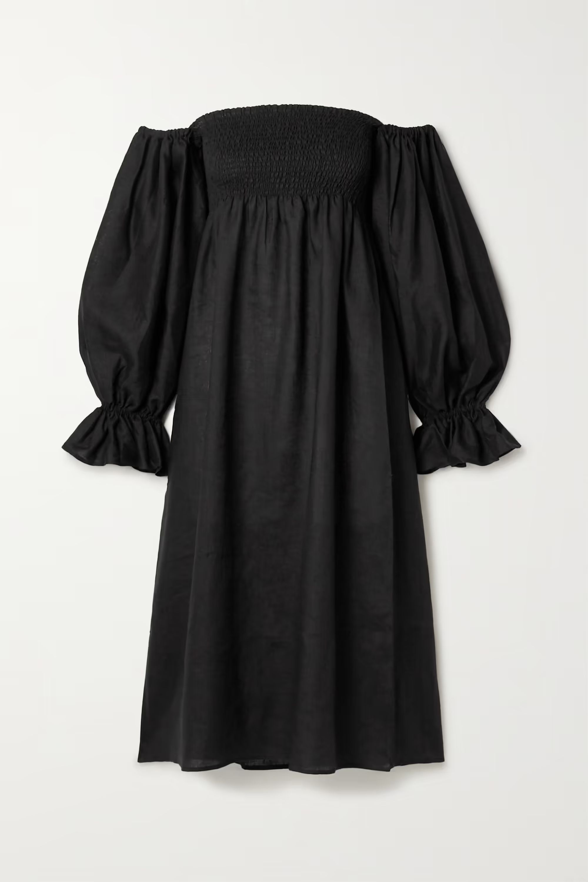 Black + NET SUSTAIN Atlanta off-the-shoulder shirred linen midi dress | SLEEPER | NET-A-PORTER | NET-A-PORTER (US)