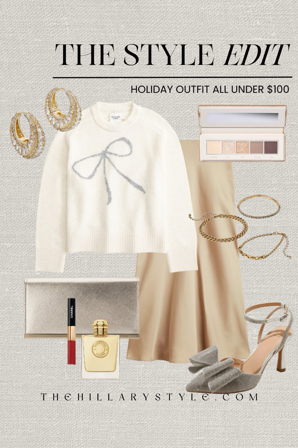 The Style Edit: Holiday Outfit all Under $100
Christmas sweater, bow sweater, champagne silk skirt, bow heels, evening clutch bag, pave CZ gold hoop earrings, bracelet set, eyeshadow palette, perfume, lip color. Abercrombie, J.Crew, Target, Nordstrom, BaubleBar, Burberry, Chanel, Ola Berg. Christmas outfit, party outfit, holiday outfit, NYE outfit, silk skirt outfit.

#LTKHoliday #LTKParties #LTKStyleTip