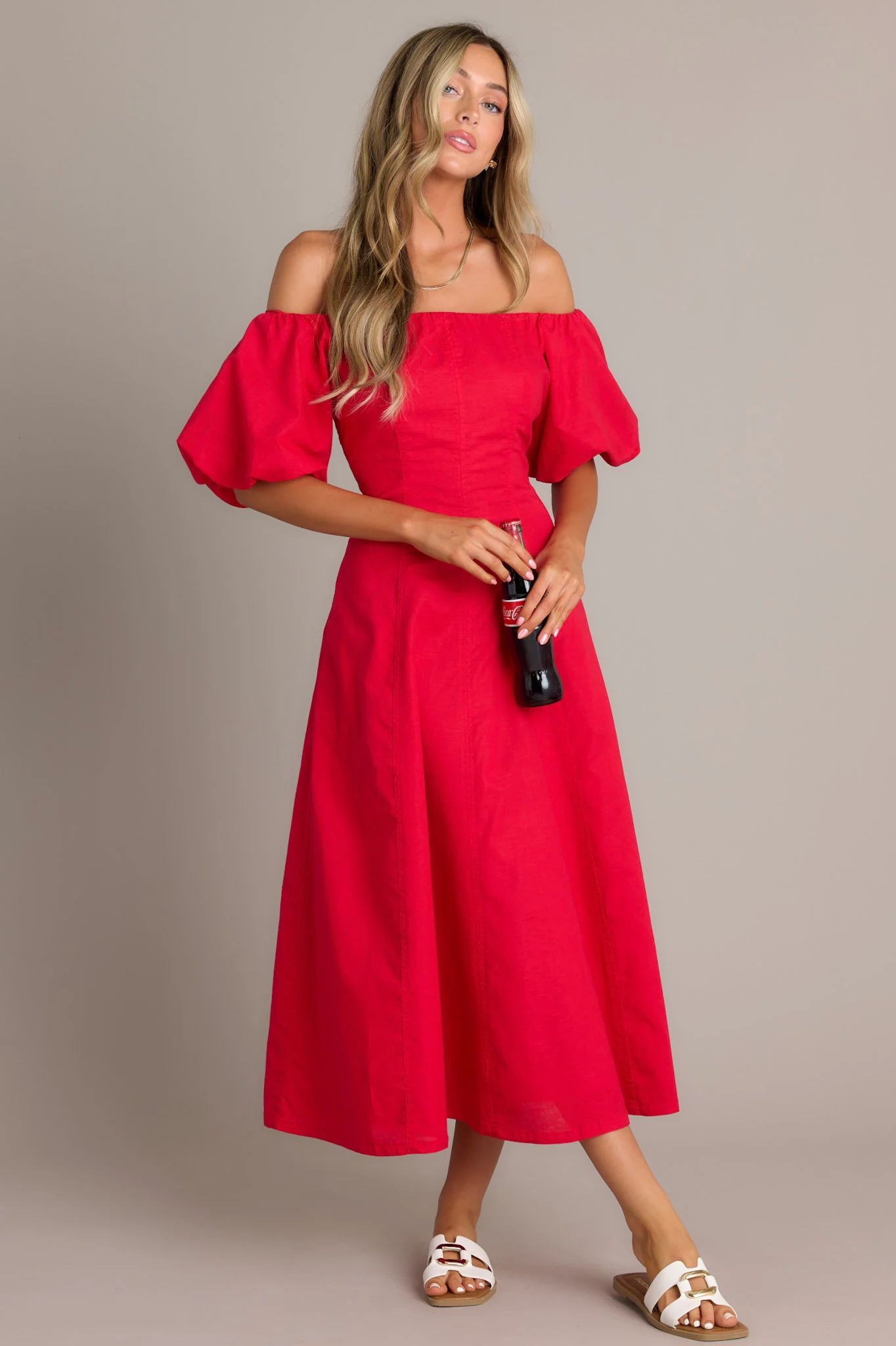 Cascade Couture Red Off Shoulder Midi Dress | Red Dress