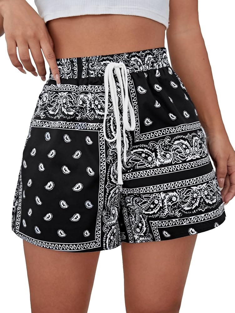 COZYEASE Women's Paisley Floral Print Drawstring Waist Shorts Casual Wide Leg High Waist Boho Sho... | Amazon (US)