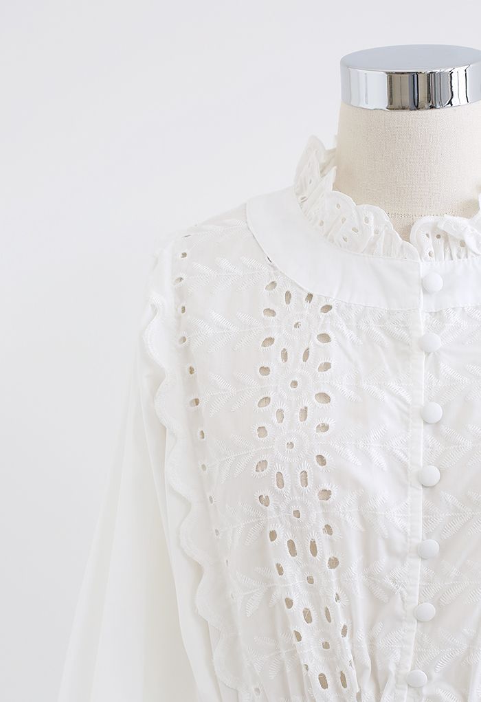 Embroidered Floral Eyelet Frilling Dress in White | Chicwish
