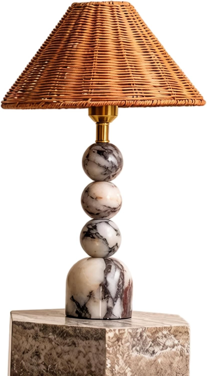 Calacatta Marble Stacked Ball Table Lamp - Hand-Woven Rattan Shade, 15" Stone Margot Artistic Vin... | Amazon (US)