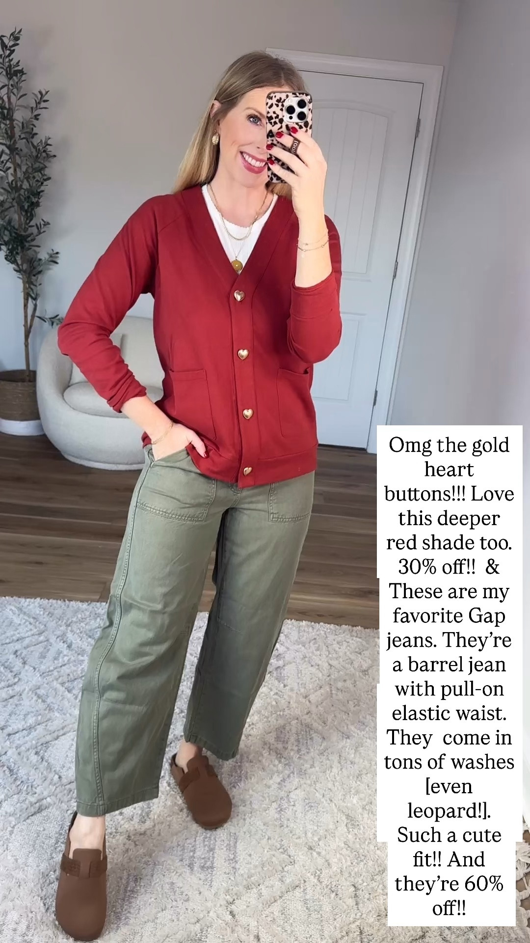 Gold heart button cardigan from Maurices and pull on barrel jeans from gap factory. Size small in both 

#LTKootd #LTKSaleAlert #LTKmomlife