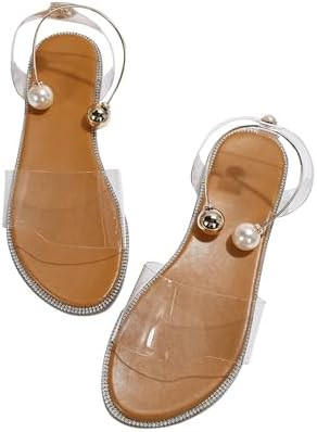 OYOANGLE Women's Pearl Decor Clear Straps Open Toe Flat Sandals Leather Outdoor Beach Sandals | Amazon (US)