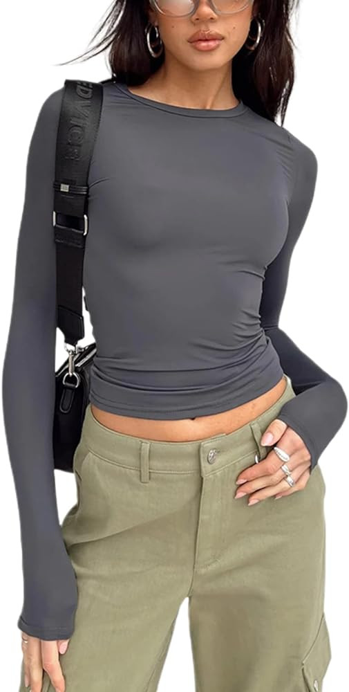 Women's Slim Fit Going Out Crop Tops Casual Solid Color Crew Neck Long Sleeve Tight Tee Shirt Bas... | Amazon (US)