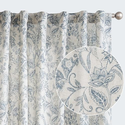jinchan Floral Linen Blend Curtains for Living Room Blue French Country Farmhouse Curtains 84 Inches Long Light Filtering Kitchen Window Back Tab Semi Sheer 2 Panels | Amazon (US)
