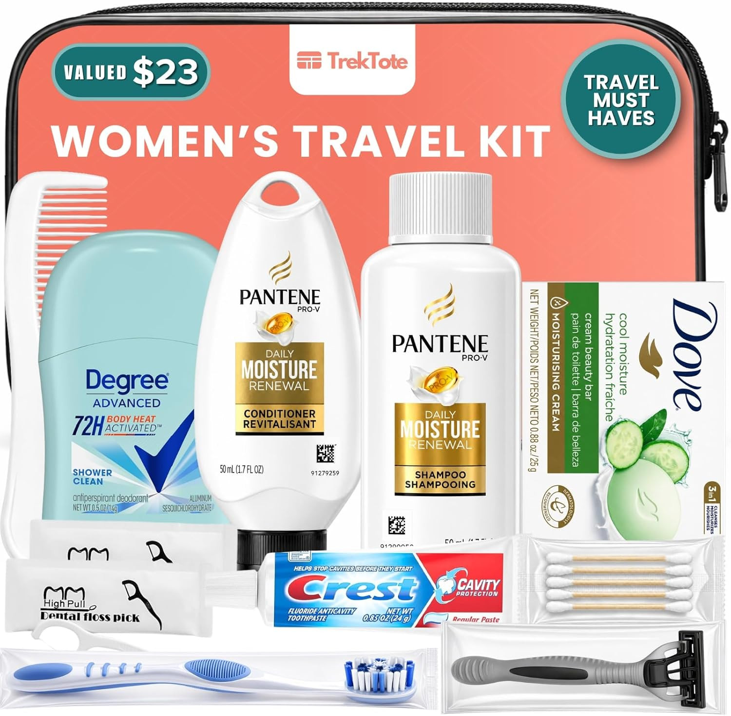 TrekTote 15 Piece Set Women’s Travel & Hygiene Kit with Clear Toiletry Bag, Personal Care Essentials, Single Kit or Bulk Case Packs | Amazon (US)