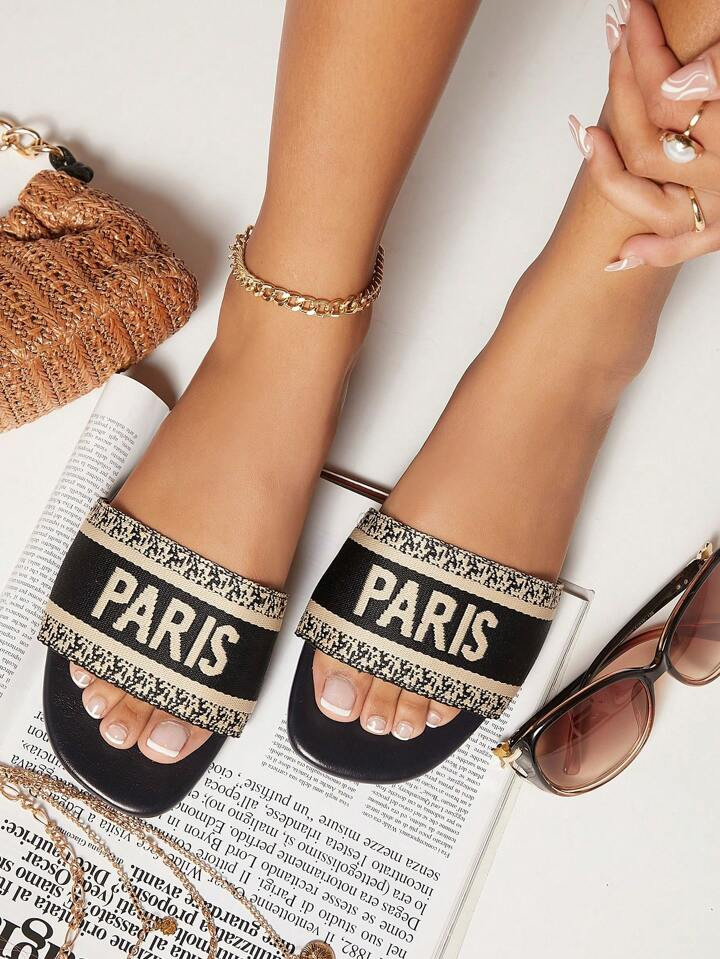 SHEIN Haute Slip On Paris Embroidered Flat Sandals | SHEIN
