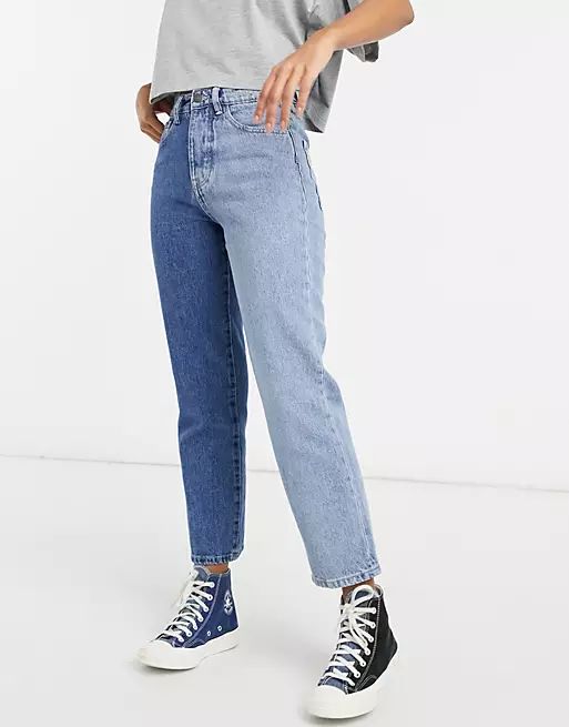 Stradivarius - Contrasterende tweekleurige jeans met rechte pijpen in blauw | ASOS (Global)