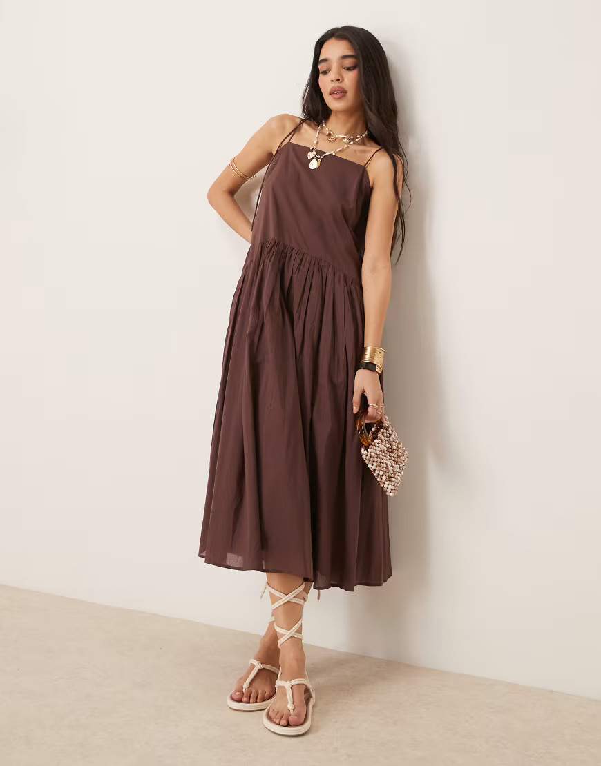 ASOS DESIGN dropped waist midi dress in chocolate-Brown | ASOS (Global)