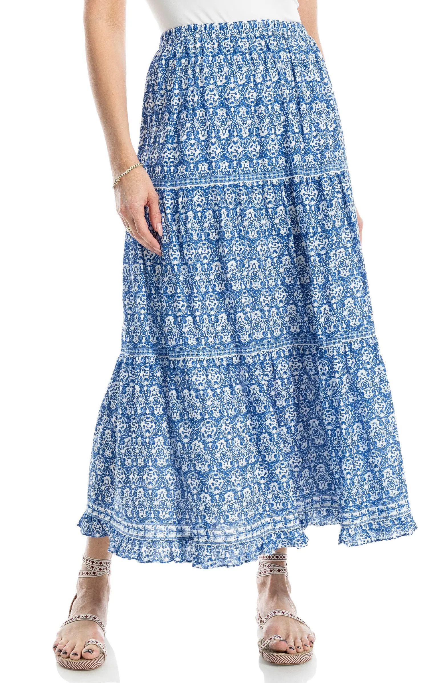 MAX STUDIO Floral Wreath Print Tiered Cotton Blend Maxi Skirt | Nordstromrack | Nordstrom Rack