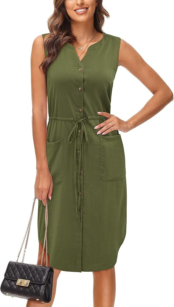 GOOTUCH Women's V Neck Dress Sleeveless Button Down Drawstring Waist Casual Midi Dresses with Pocket | Amazon (US)