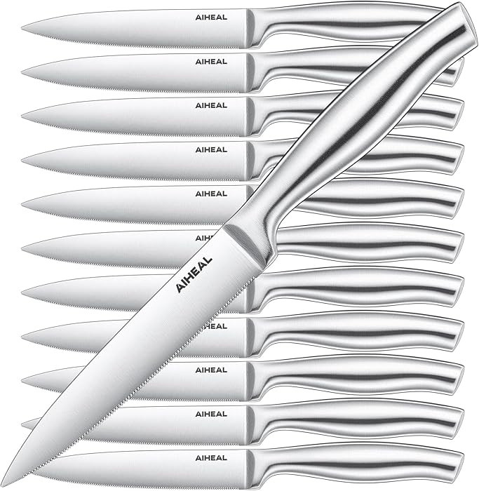 Aiheal Steak Knives, Stainless Steel Steak Knives Set of 12, Never Needs Sharpening Dinner Steak ... | Amazon (US)