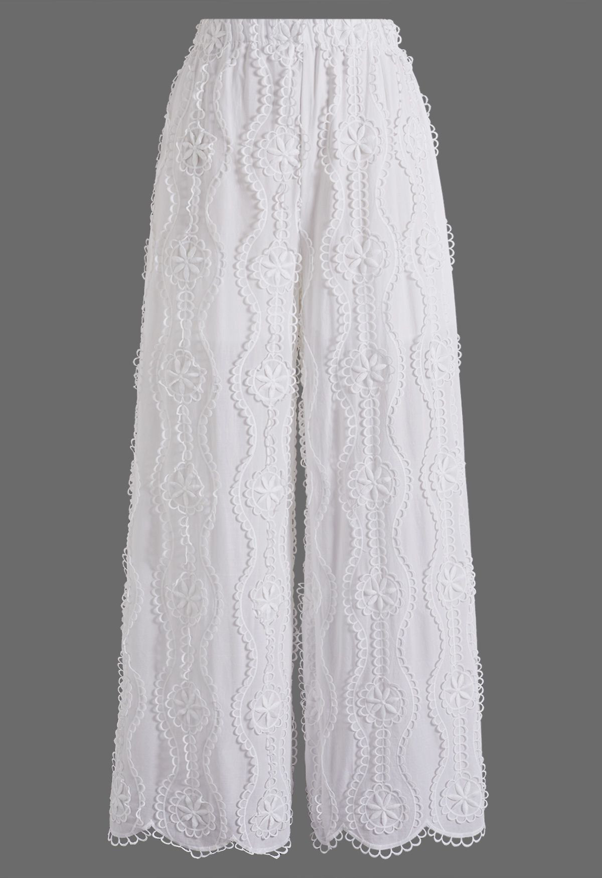 Rippled Daisy Lace Embroidery Cotton Palazzo Pants for Honeymoon Trips & Romantic Getaways | Chicwish