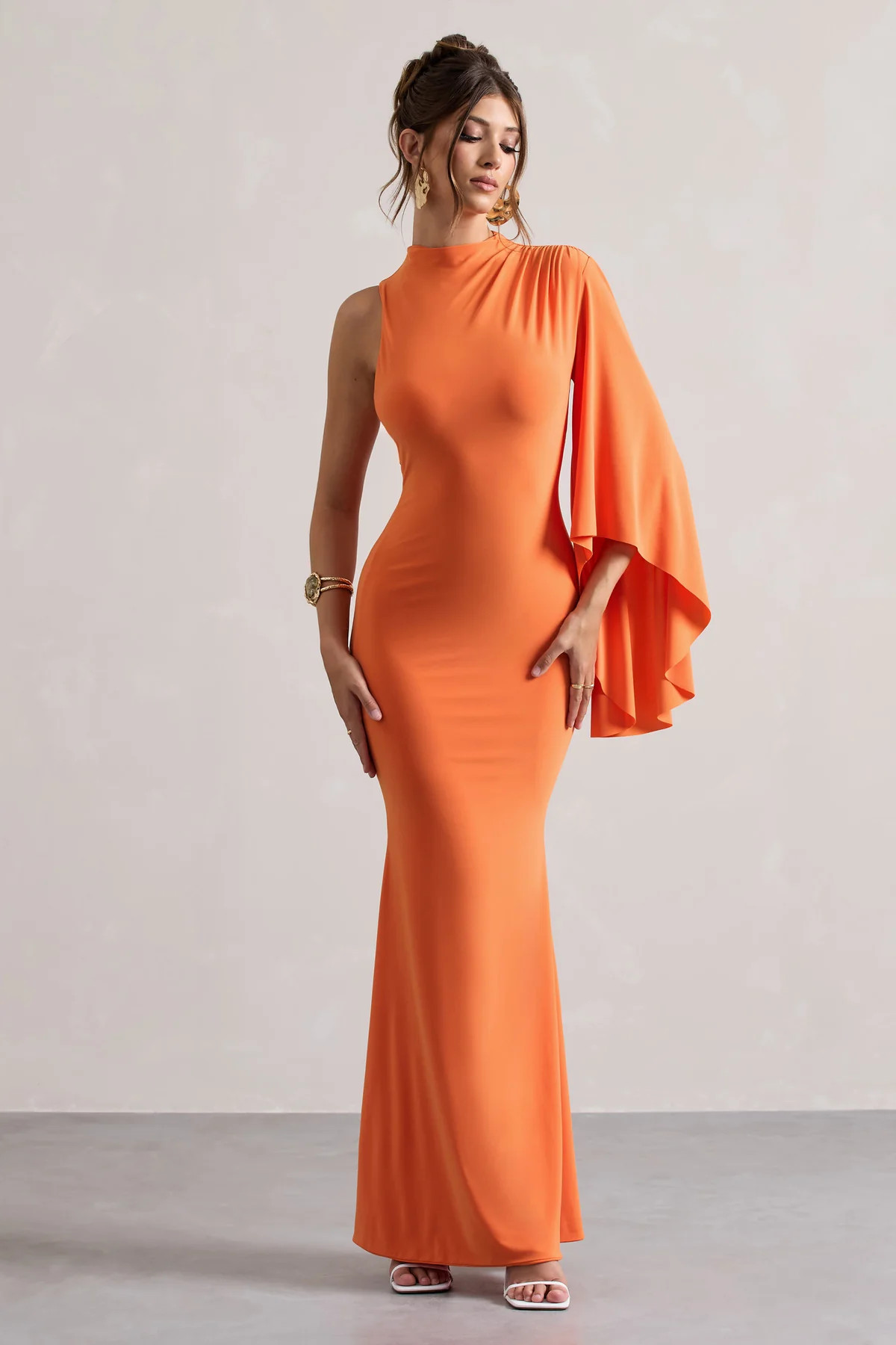 Samaya | Orange High-Neck Cape-Sleeve Maxi Dress | Club L London