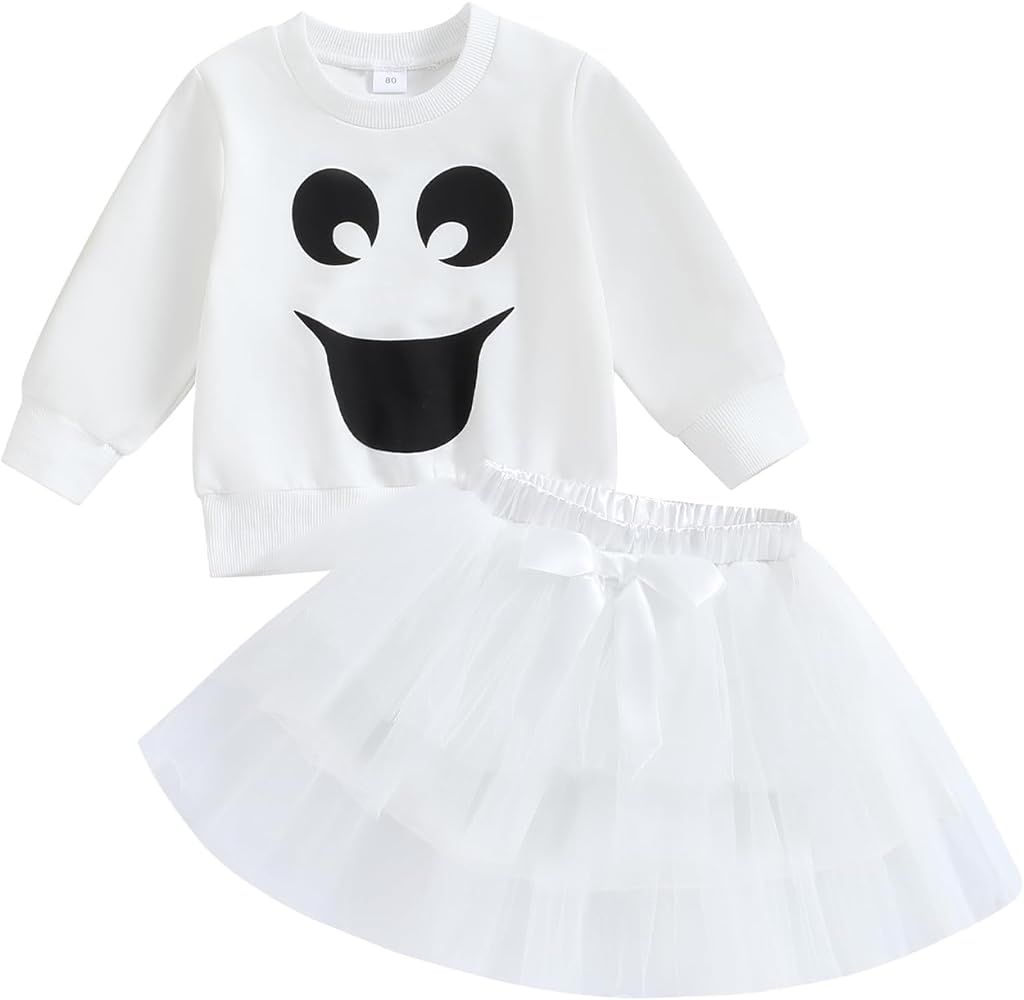 Bonangber Toddler Baby Girl Halloween Outfit Ghost Costume Grimace Print Sweatshirt with Tutu Ski... | Amazon (US)
