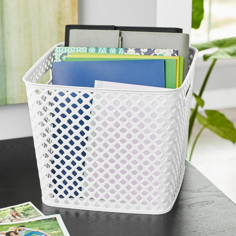 Mainstays Cube White Decorative Plastic Storage Basket, 13 in x 11 in | Walmart (US)