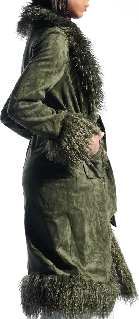 Belted Faux Suede Coat with Faux Fur Trim | Nordstrom