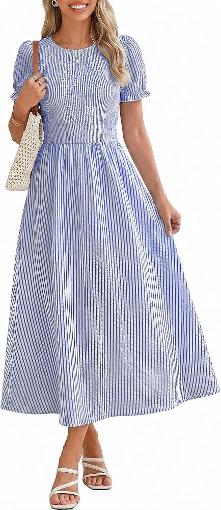 Simplee Womens Summer Casual Midi Dress Striped Smocked Puff Sleeve High Waist A Line Boho Beach ... | Amazon (US)