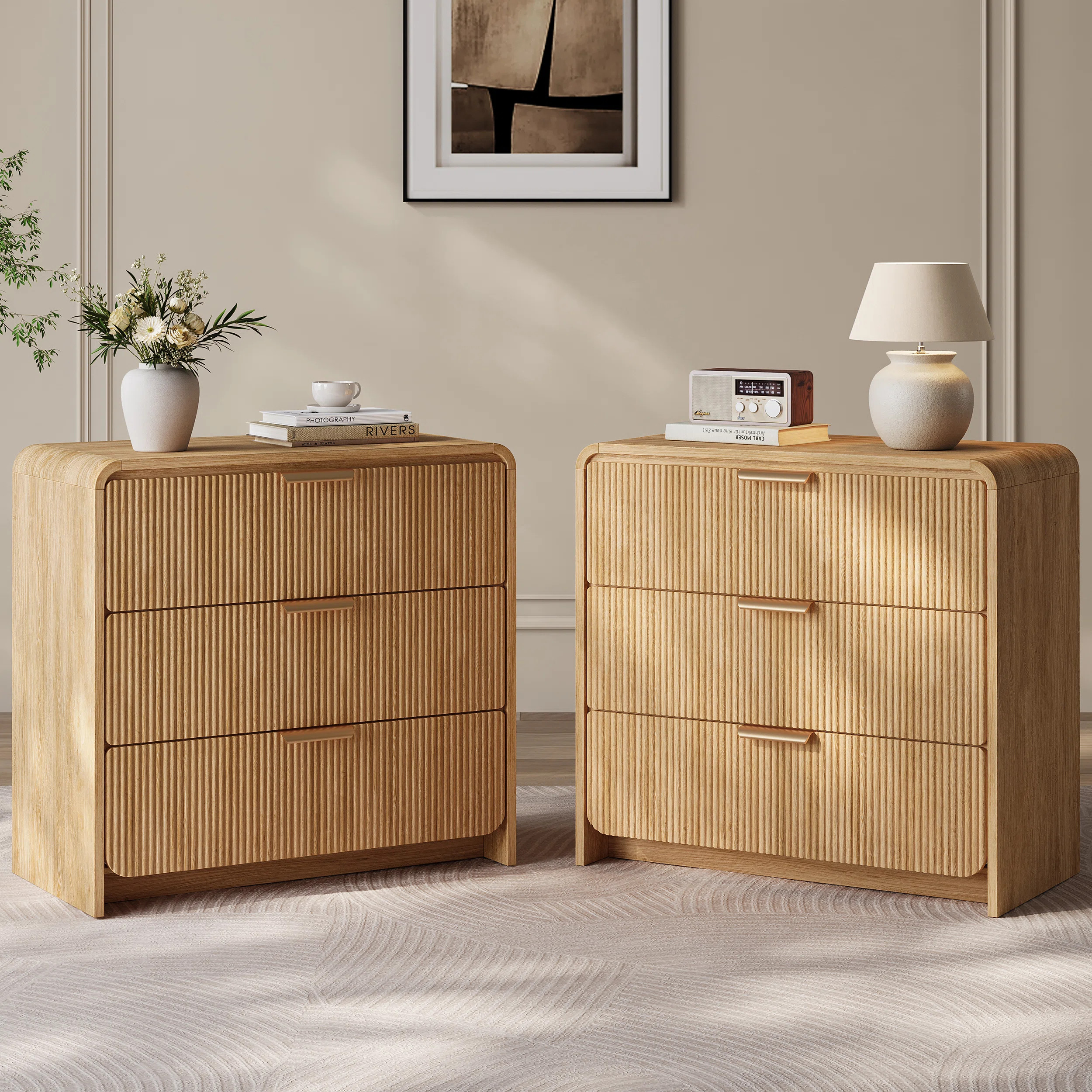 31.5''W 3-Drawer Nightstand, Modern Bedside End Table With Storage, Fluted Night Stand (Set Of 2)... | Wayfair North America