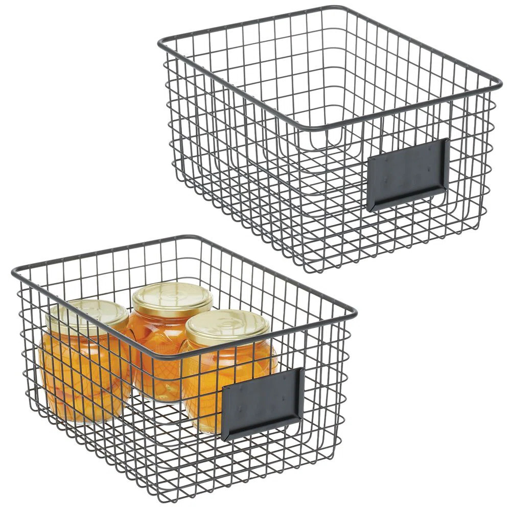 Metal Pantry Basket with Label Plate for Kitchen Organization and Storage - Set of 2 - Matte Blac... | Wayfair North America