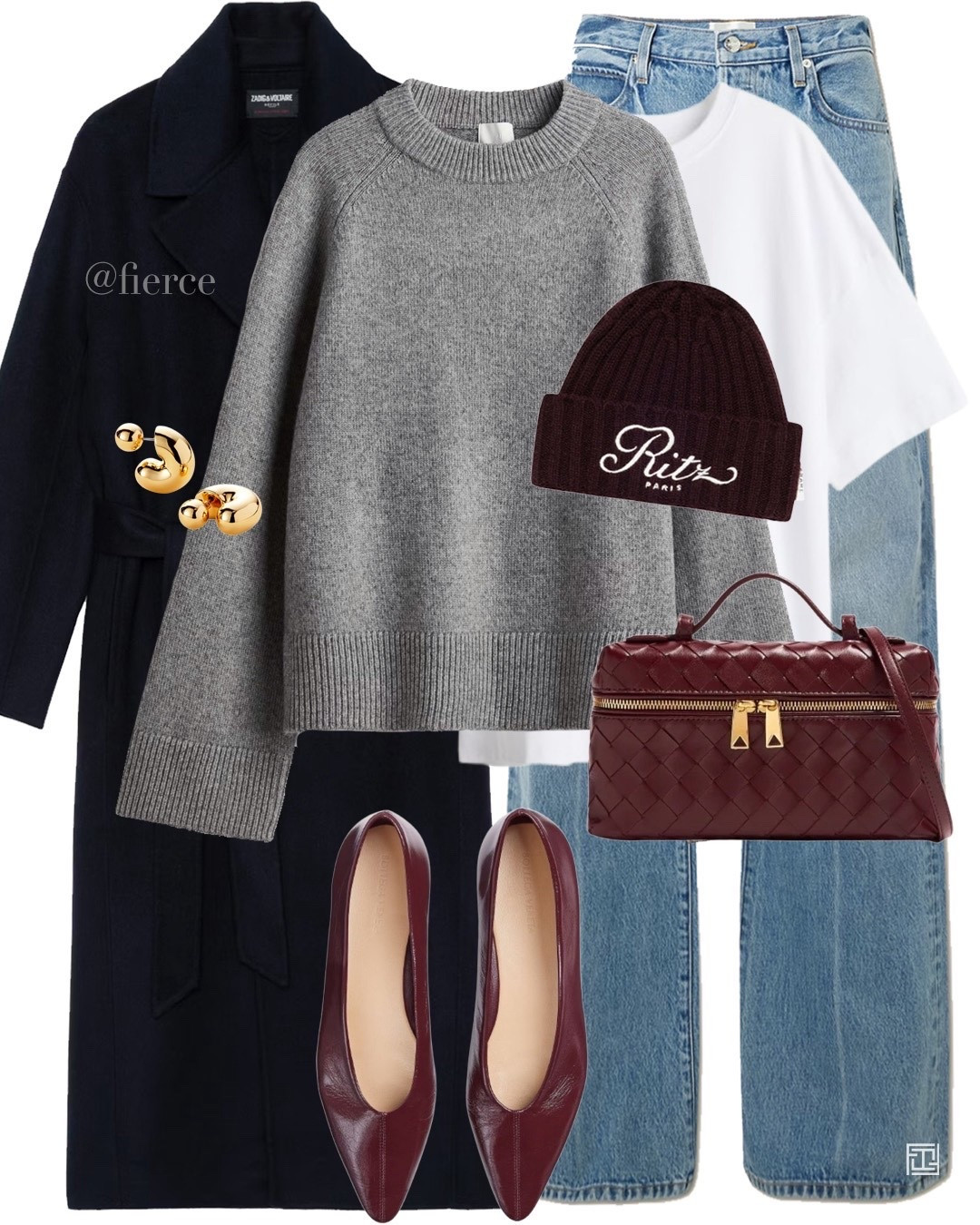 Navy belted wool coat grey jumper burgundy ballet flats blue jeans burgundy woven vanity bag casual chic outfit 

#LTKuk #LTKwinter #LTKeurope